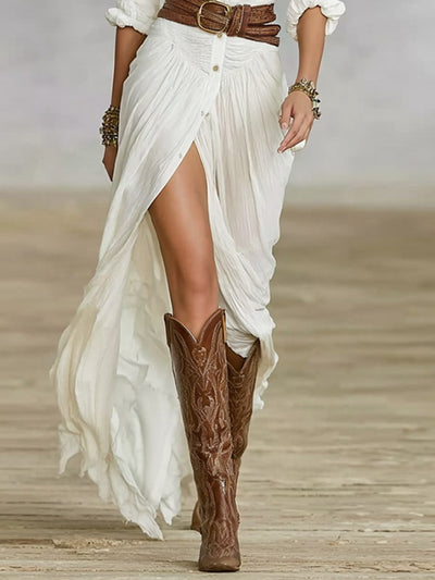 Karolína – Dolga obleka z tančico, pasom in gubastimi manšetami iz bombaža in lanu